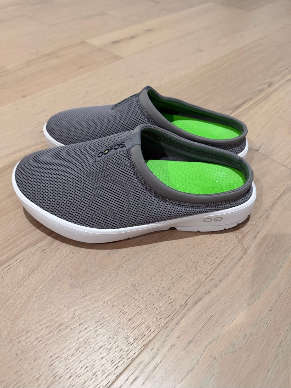 OOFOS Grey Slip-On Recovery Loafers with Bright Green Footbed